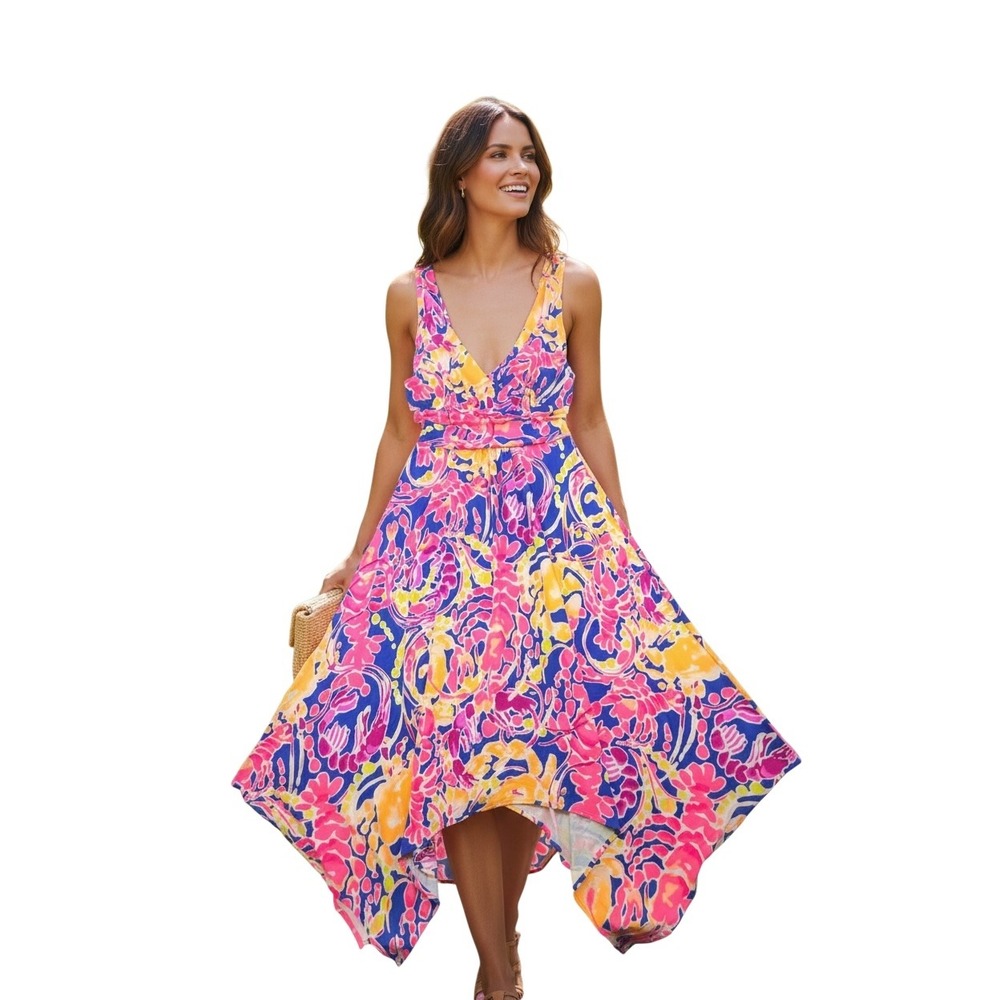 Lilly Pulitzer Sloane Pink Blue Floral Handkerchief Hem V-Neck Midi Dress Small